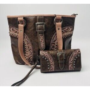 Montana West Concealed Carry Tote Handbag Wallet Set Western Floral Brown